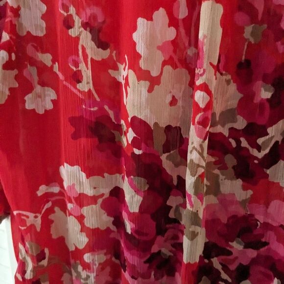 Express Womens sz M Boho Fuschia/Red/Pink Floral Sheer Top w/Ruffles Blouson - Picture 13 of 13